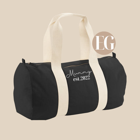 Black Organic Cotton Mummy Est Holdall Bag - Perfect as a Hospital Bag/Labour Bag/New Baby/Baby shower Gift