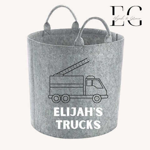 Firetruck Personalised Felt Toy Storage Basket - Perfect For Storing Books/Toys/Trucks/Dolls/Arts and Crafts