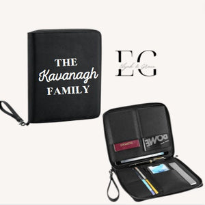 Black Boutique PU Leather Travel Organiser Personalised With Family Name - Family Holiday Organisation